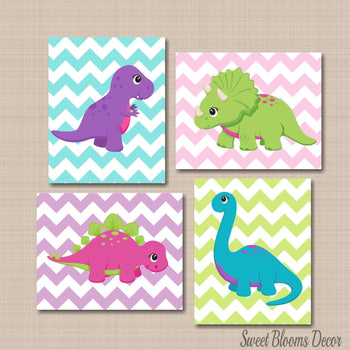 Dinosaurs Girl Nursery Wall Art Bedroom Decor Pink Purple Teal Green Chevron Baby Shower Gift Pastel Colors UNFRAMED C468-Sweet Blooms Decor