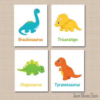 Dinosaurs Names Nursery Wall Art Baby Boy Bedroom Decor Teal Blue Green Orange Yellow Baby Shower Gift Playroom Art C136-Sweet Blooms Decor