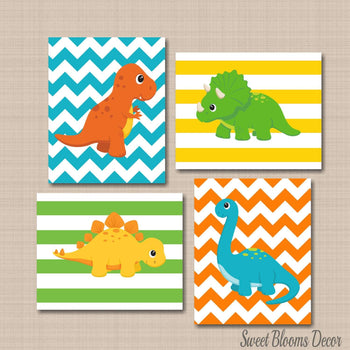 Dinosaurs Nursery Decor Dinosaur Wall Art Teal Blue Green Orange Yellow Chevron Baby Boy Bedroom Decor Shower Gift C380-Sweet Blooms Decor