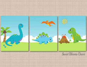 Dinosaurs Nursery Wall Art Boy Bedroom Decor Grass Trees Volcano Teal Blue Green Baby Shower Gift C219-Sweet Blooms Decor