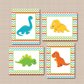 Dinosaurs Nursery Wall Art Chevron Teal Blue Orange Green Dinosaur Baby Boy Bedroom Decor Baby Shower Gift C134-Sweet Blooms Decor