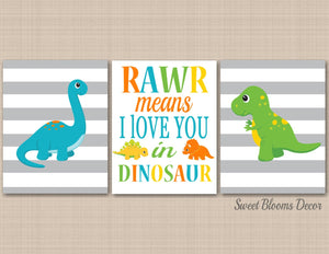 Dinosaurs Nursery Wall Art Dinosaur Kids Room Decor Rawr Roar Means I Love You in Teal Green Orange Shower Gift C217-Sweet Blooms Decor