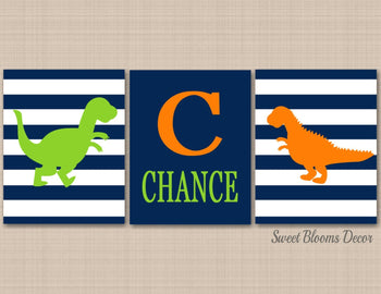 Dinosaurs Nursery Wall Art Navy Blue Lime Green Orange Stripes NAme Monogram Baby Boy Bedroom Decor Baby Shower Gift C332-Sweet Blooms Decor