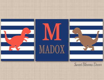 Dinosaurs Nursery Wall Art Navy Blue Orange Brown Stripes Name Monogram Baby Boy Bedroom Decor Jurassic Jams UNFRAMED C218-Sweet Blooms Decor