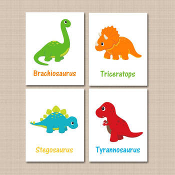 Dinosaurs Nursery Wall Art Neutral Baby Boy Girl Bedroom Decor Red Green Orange Teal Blue Modern Simple Dino Names C135-Sweet Blooms Decor