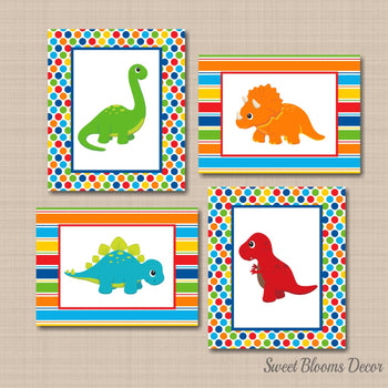 Dinosaurs Nursery Wall Art Polkadots Stripes Red Green Orange Blue Teal Baby Boy Bedroom Decor Baby Shower Gift C137-Sweet Blooms Decor