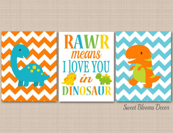Dinosaurs Nursery Wall Art Rawr Roar Means I Love You in Dinosaur Teal Blue Green Orange Yellow Baby Boy Bedroom Decor C220-Sweet Blooms Decor