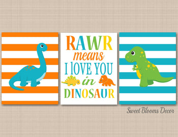 Dinosaurs Nursery Wall Art Rawr Roar Means I Love You in Dinosaur Teal Blue Green Orange Yellow Baby Boy Bedroom Decor C378-Sweet Blooms Decor