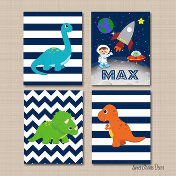 Dinosaurs Nursery Wall Art Space Rocket Planets Navy Blue Chevron Stripes Name BAby Boy Bedroom Decor Green Orange 771-Sweet Blooms Decor