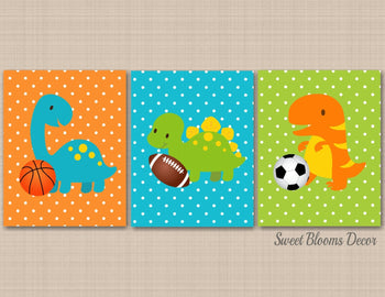 Dinosaurs Nursery Wall Art Sports Dinosaur Kids Bedroom Decor Teal Green Orange Yellow BAby Boy Bedroom Decor Shower C221-Sweet Blooms Decor