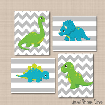 Dinosaurs Nursery Wall Art Teal Blue Green Gray Chevron Stripes Boy Bedroom Decor Baby Shower Gift Playroom Art C130-Sweet Blooms Decor