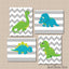 Dinosaurs Nursery Wall Art Teal Blue Green Gray Chevron Stripes Boy Bedroom Decor Baby Shower Gift  Playroom Art  C130