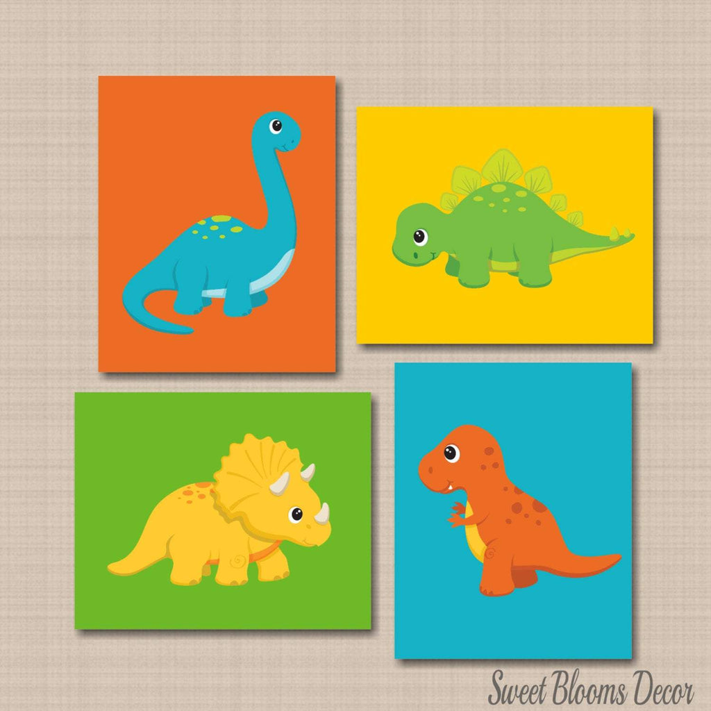 Dinosaurs Nursery Wall Art Teal Blue Green Orange Yellow Baby Boy Bedroom Decor Baby Shower Gift Playroom Decor C132