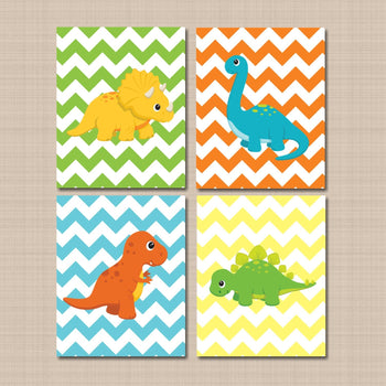 Dinosaurs Nursery Wall Art Teal Blue Green Orange Yellow Chevron T Rex Brachiosaurus Baby Boy Kids Bedroom Decor C133-Sweet Blooms Decor
