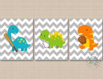 Dinosaurs Sports Nursery Wall Art Baseball Bat Chevron Teal Blue Green Orange Yellow Baby Boy Kids Bedfroom Decor C777-Sweet Blooms Decor