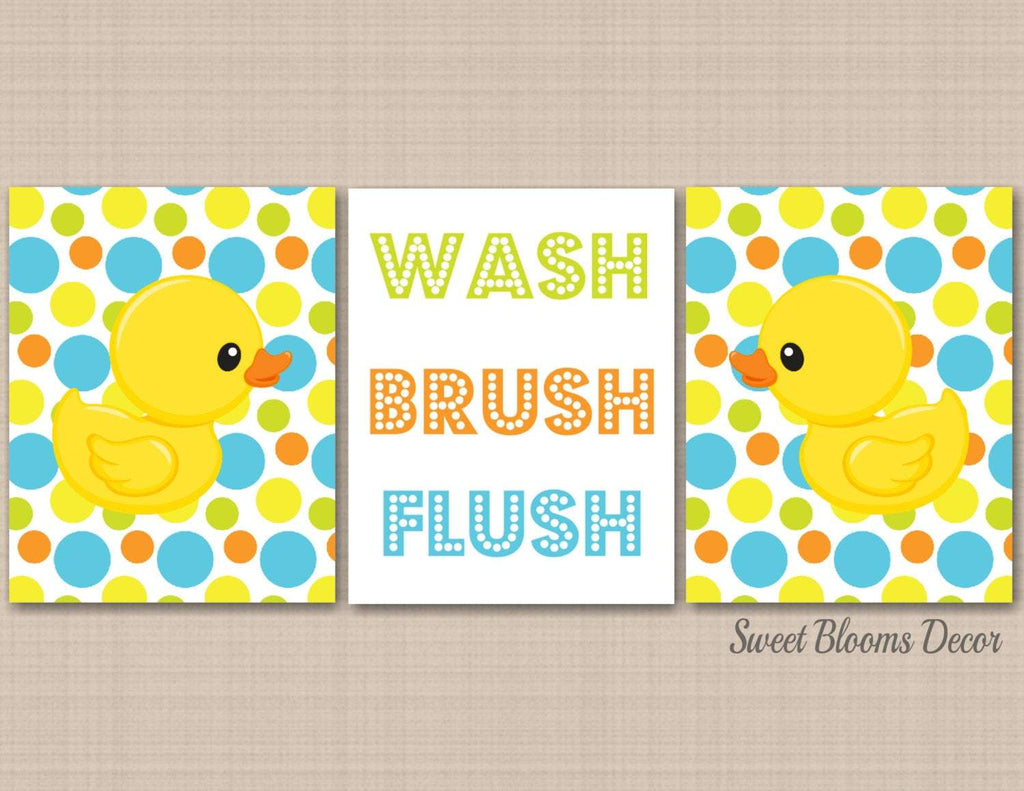 Duck Bathroom Wall Art,Rubber Ducky Bathroom Decor,Yellow Green Blue Baby Bathroom Decor Wash Brush Flush PRINTS or CANVAS B142-Sweet Blooms Decor