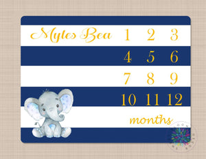 Elephant Baby Blanket Elephant Milestone Blanket Monthly Growth Tracker Navy Blue Stripes Yellow Baby Boy Personalized Shower Gift B260