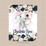 Elephant Baby Blanket Navy Blue Coral Blush Pink Floral Name Personalized Girl Swaddle  Flowers Baby Shower Gift Nursery Bedding B1081
