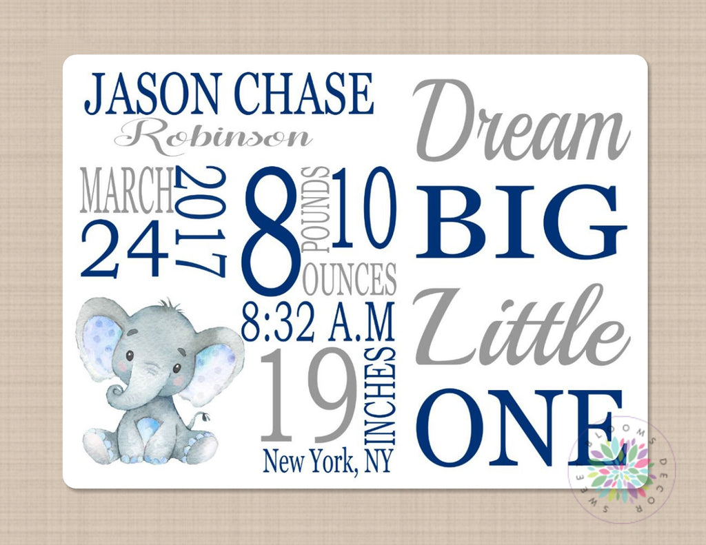 Elephant Baby Blanket Navy Blue Gray Elephant Personalized Birth Announcement Baby Boy Blanket Name Monogram Nursery Decor Bedding B265