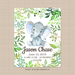 Elephant Baby Boy Name Blanket Leaves Personalized Birth Announcenent Animals Birth Stats Baby Boy Girl Shower Gift Bedding Decor B814-Sweet Blooms Decor