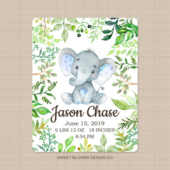 Elephant Baby Boy Name Blanket Leaves Personalized Birth Announcenent Animals Birth Stats Baby Boy Girl Shower Gift Bedding Decor B814-Sweet Blooms Decor