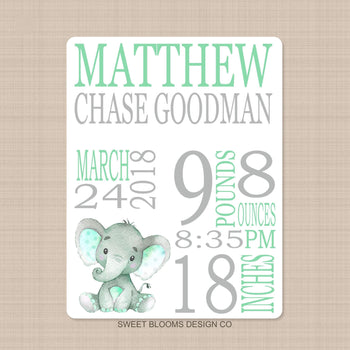 Elephant Baby Boy Name Blanket Mint Green Gray Personalized Birth Announcenent Birth Stats Boy Girl Shower Gift Nursery Bedding Decor B798