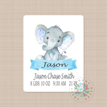 Elephant Baby Boy Name Blanket Watercolor Newborn Baby Boy Birth Announcement Birth Stats Baby Shower Gift  Nursery Bedding Decor B560