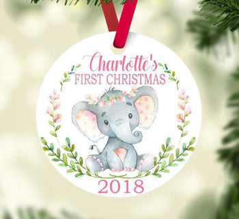 Elephant Baby Christmas Ornament Personalized Safari Animals Baby Girl 1st First Christmas Baby Shower Gift New Baby Holiday Ornament 114
