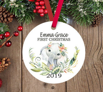 Elephant Baby Christmas Ornament Personalized Safari Animals Baby Girl 1st First Christmas Baby Shower Gift New Baby Holiday Ornament 165