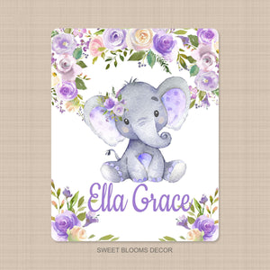 Elephant Baby Girl Blanket Lavender Purple Lilac Floral Name Blanket Flowers Newborn Monogram Baby Shower Gift Bedding Nursery Decor B1226
