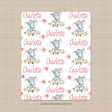 Elephant Baby Girl Floral Name Blanket Blush Pink Coral Flowers Personalized Baby Shower Gift Crib Bedding Swaddle Fleece B1024