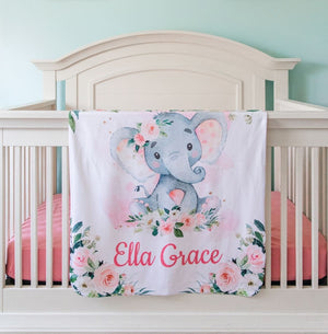 Elephant Baby Girl Floral Name Blanket Coral Blush Pink Flowers Baby Shower Gift Nursery Bedding B675