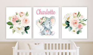 Elephant Baby Girl Floral Nursery Wall Art Blush Pink Coral Flowers with Name Decor C894