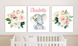 Elephant Baby Girl Floral Nursery Wall Art Blush Pink Coral Flowers with Name Decor C894