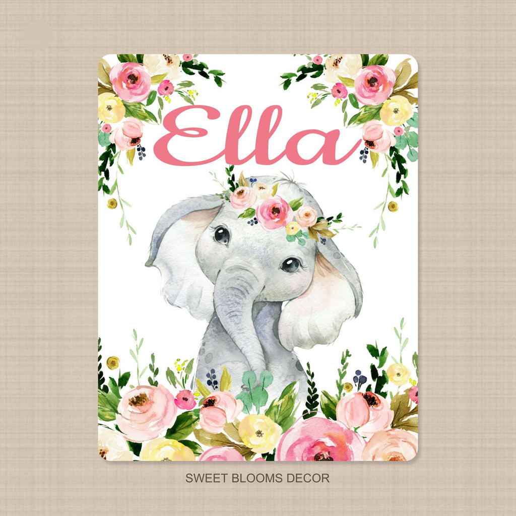 Elephant Baby Girl Name Blanket Blush Pink Coral Floral Safari Newborn Monogram Flowers Baby Shower Gift Nursery Bedding B1016
