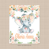 Elephant Baby Girl Name Blanket Peach Blush Pink Watercolor Floral Newborn Monogram Flowers Baby Shower Gift Crib Bedding Anmals B1223
