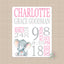 Elephant Baby Girl Name Blanket Personalized Birth Announcenent Pink Gray Birth Stats Baby Shower Gift  Nursery Bedding Decor B587