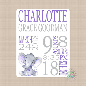 Elephant Baby Girl Name Blanket Personalized Birth Announcenent Purple Gray Birth Stats Baby Shower Gift Nursery Bedding Decor B588-Sweet Blooms Decor