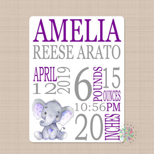 Elephant Baby Girl Name Blanket Purple Gray Personalized Birth Announcenent Pink Gray Birth Stats Baby Shower Gift  Nursery Bedding  B645