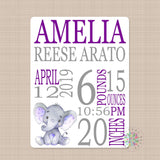 Elephant Baby Girl Name Blanket Purple Gray Personalized Birth Announcenent Pink Gray Birth Stats Baby Shower Gift  Nursery Bedding  B645