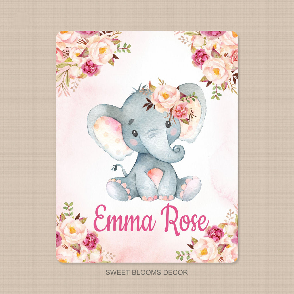 Elephant Baby Girl Name Blanket Watercolor Coral Blush Pink Peach Magenta Floral  B1100