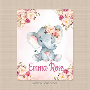 Elephant Baby Girl Name Blanket Watercolor Coral Blush Pink Peach Magenta Floral  B1100