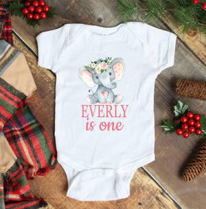 Elephant Baby Girl One Piece Bodysuit 1st Birtday Personalized Pink Floral Flowers Outfit is one Newborn Infant One-Piece Body Suit 117-BODY SUITS & T-SHIRTS-Sweet Blooms Decor