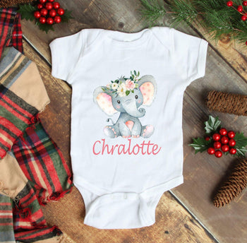 Elephant Baby Girl One Piece Bodysuit Blush Pink Floral Personalized Outfit Baby Shower Gift Newborn Infant One-Piece Body Suit Baby 116-BODY SUITS & T-SHIRTS-Sweet Blooms Decor