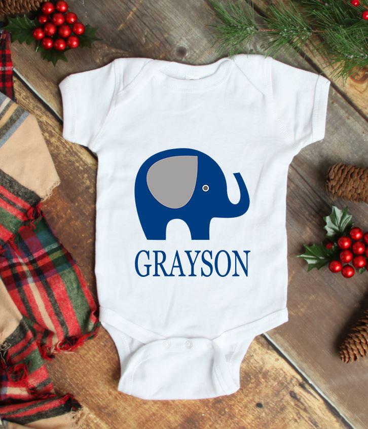 Elephant Baby One Piece Bodysuit Navy Blue Personalized Baby Boy Outfit Baby Shower Gift Newborn Infant One-Piece Body Suit Baby Clothes 109-BODY SUITS & T-SHIRTS-Sweet Blooms Decor