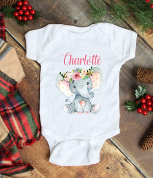 Elephant Baby One Piece Bodysuit Pink Floral Personalized Baby Girl Outfit Baby Shower Gift Newborn Infant One-Piece Body Suit Clothes 103-BODY SUITS & T-SHIRTS-Sweet Blooms Decor