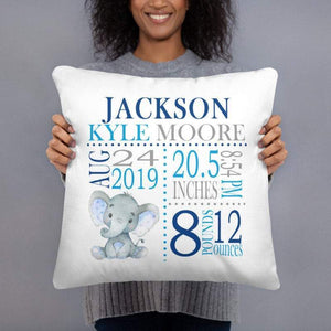 Elephant Birth Announcement Pillow Personalized Birth Stats Throw Pillow Baby Shower Gift Baby Boy Nursery Decor Bedding Navy Blue Gray P180-Sweet Blooms Decor