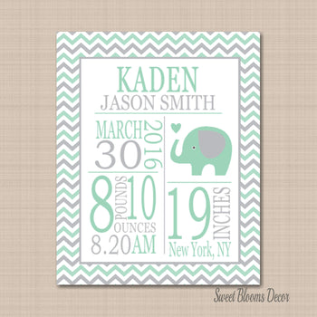 Elephant Birth Print Mint Gray Elephant Nursery Mint Gray Chevron Nursery Decor Mint Green Gray Baby Boy Art PRINT OR CANVAS-Sweet Blooms Decor
