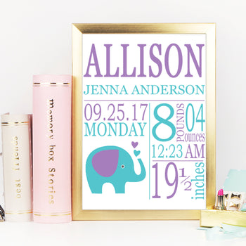 Elephant Birth Print Purple Teal Aqua Elephant Birth Print Elephant Birth Announcement Teal Elephant Nursery PRINT OR CANVAS-Sweet Blooms Decor