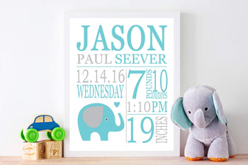 Elephant Birth Print Teal Blue Gray Elephant Birth Announcement Baby Shower Nursery Decor Kids Room PRINT OR CANVAS 108-Sweet Blooms Decor